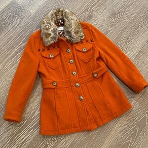 Tasha Polizzi Orange Coat with Fur Collar